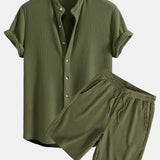 Waffle Stand Collar Shirt & Drawstring Waffle Shorts Set