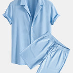 Muscle Fit Ribbed Deep Cuban Shirt & Drawstring Ribbed Shorts Set