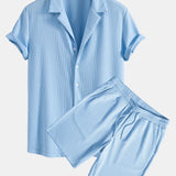 Muscle Fit Ribbed Deep Cuban Shirt & Drawstring Ribbed Shorts Set