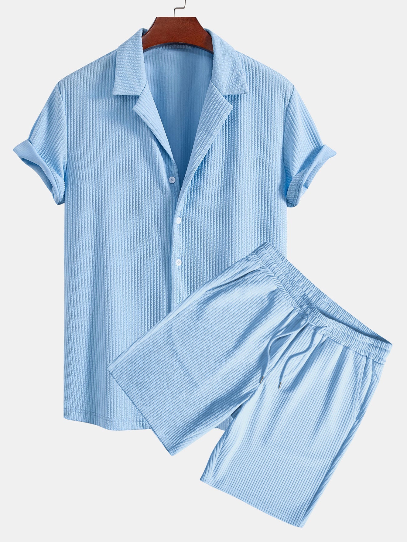 Muscle Fit Ribbed Deep Cuban Shirt & Drawstring Ribbed Shorts Set
