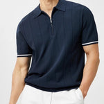 Men's Vertical Stripe Zip Placket Knit Polo with Contrast Cuffs