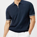 Men's Vertical Stripe Zip Placket Knit Polo with Contrast Cuffs