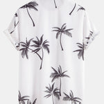 Palm Tree Print Shirt & Linen Cotton Blend Drawstring Shorts Set