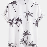 Palm Tree Print Shirt & Linen Cotton Blend Drawstring Shorts Set