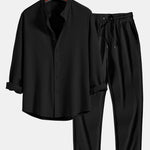 Long Sleeve Muscle Fit Ribbed Stand Collar Shirt & Ribbed Pants Set