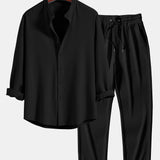 Long Sleeve Muscle Fit Ribbed Stand Collar Shirt & Ribbed Pants Set
