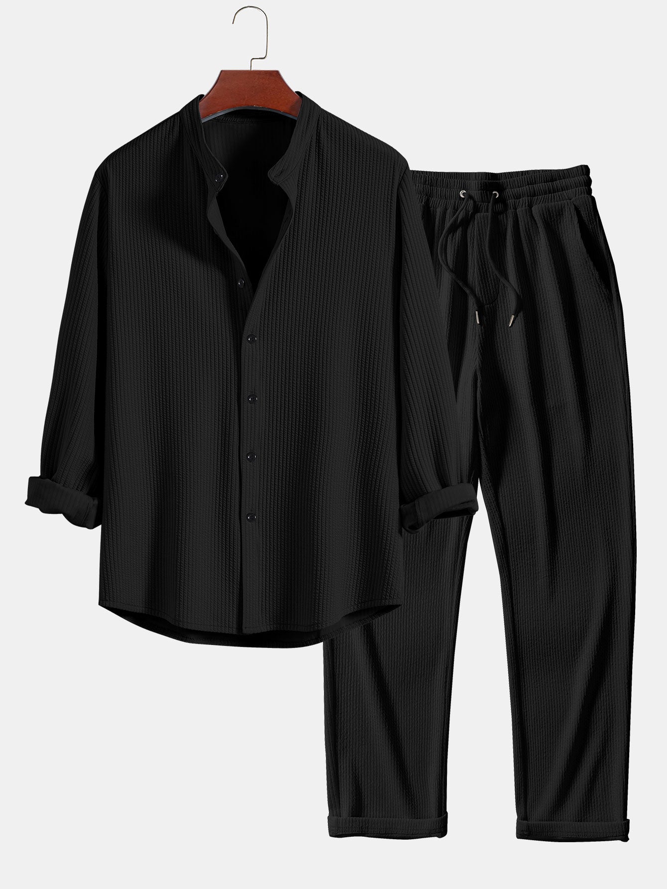 Long Sleeve Muscle Fit Ribbed Stand Collar Shirt & Ribbed Pants Set