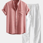 Short Sleeve Stand Collar Shirt & Straight Leg Linen Pants Set