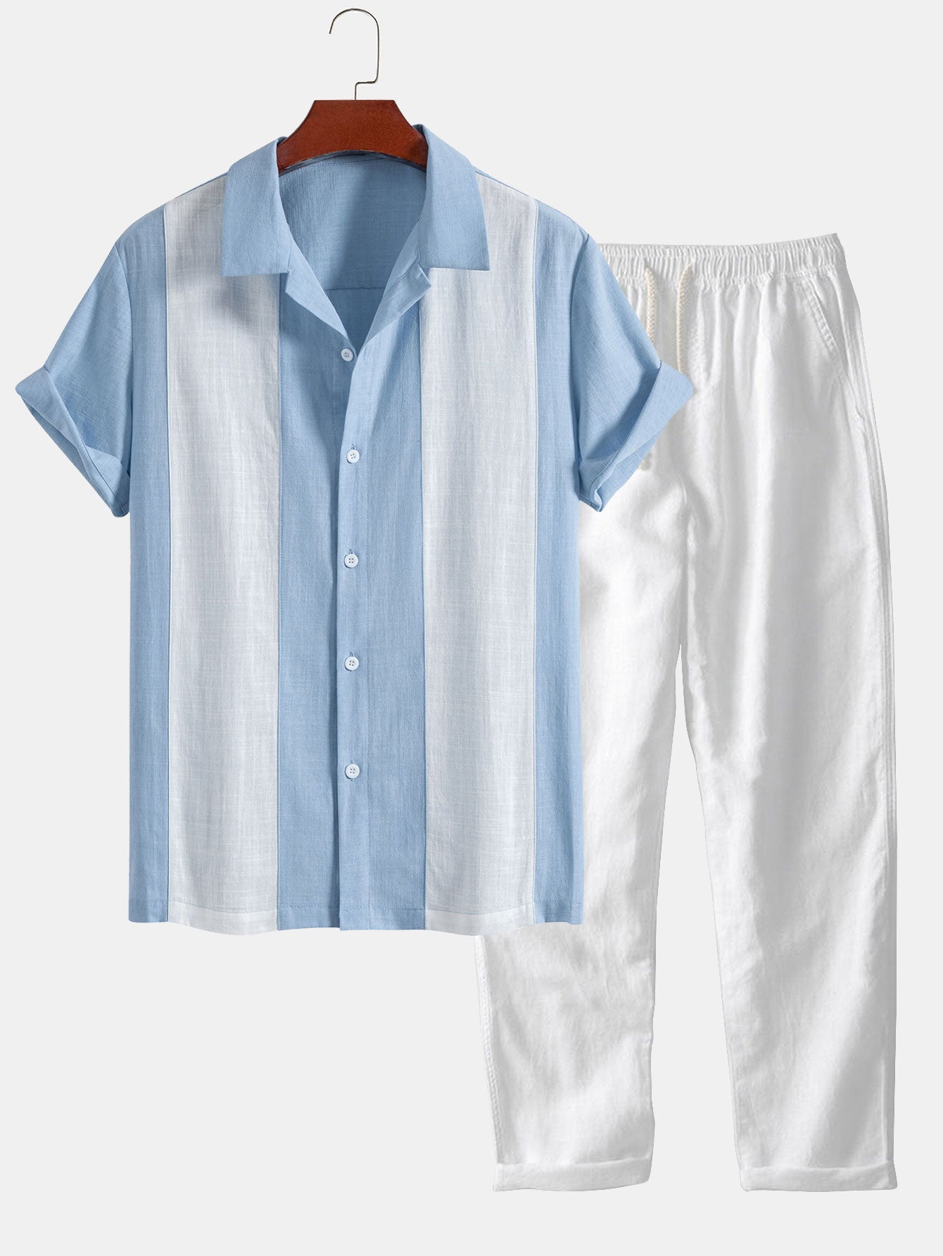 Linen Patchwork Bowling Shirt & Straight Leg Linen Pants Set