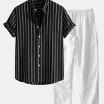 Cotton Blend Striped Stand Collar Shirt & Straight Leg Linen Pants Set