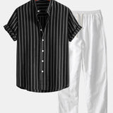 Cotton Blend Striped Stand Collar Shirt & Straight Leg Linen Pants Set