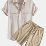 Linen Rayon Blend Pocket Utility Shirt & Crinkled Textured Drawstring Shorts Set