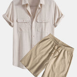 Linen Rayon Blend Pocket Utility Shirt & Crinkled Textured Drawstring Shorts Set