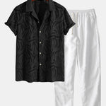 Jacquard Texture Cuban Shirt & Straight Leg Linen Pants Set