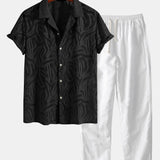 Jacquard Texture Cuban Shirt & Straight Leg Linen Pants Set