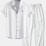 Short Sleeve Linen Shirt & Crinkle Textured Straight Leg Pants Set