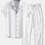 Short Sleeve Linen Shirt & Crinkle Textured Straight Leg Pants Set