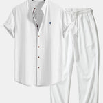 Short Sleeve Linen Stand Collar Shirt & Crinkle Textured Pants Set