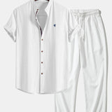 Short Sleeve Linen Stand Collar Shirt & Crinkle Textured Pants Set