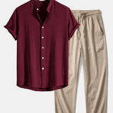 Linen and Rayon Blend Stand Collar Shirt & Wrinkle Textured Pants Set
