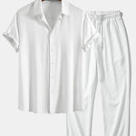 Linen Rayon Blend Shirt & Wrinkle Textured Straight Leg Pants Set