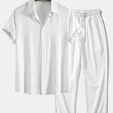 Linen Rayon Blend Shirt & Wrinkle Textured Straight Leg Pants Set
