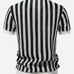 Stripe Johnny Collar Open Knit Polo & Straight Leg Linen Pants Set