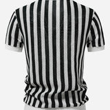 Stripe Johnny Collar Open Knit Polo & Straight Leg Linen Pants Set