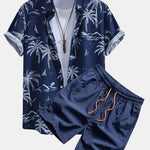 Palm Tree Island Print Shirt & Drawstring Swim Shorts Set