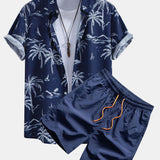 Palm Tree Island Print Shirt & Drawstring Swim Shorts Set