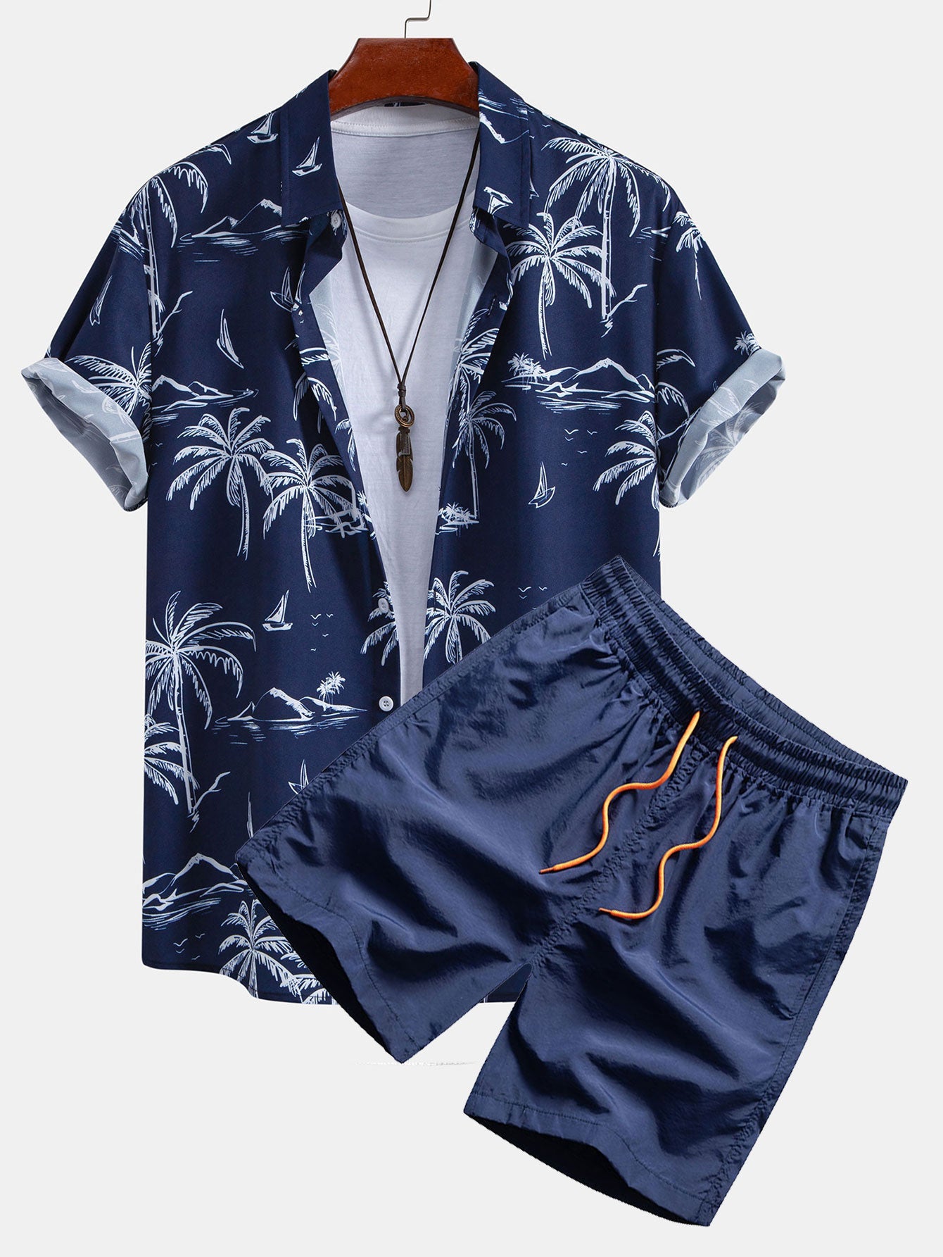 Palm Tree Island Print Shirt & Drawstring Swim Shorts Set
