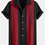 Geometric Rhombus Print Linen Patchwork Bowling Shirt