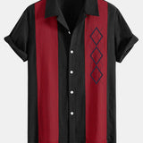 Geometric Rhombus Print Linen Patchwork Bowling Shirt