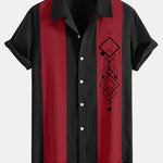 Geometric Rhombus Print Linen Patchwork Bowling Shirt