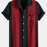 Geometric Rhombus Print Linen Patchwork Bowling Shirt