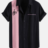 Musical Note Print Linen Contrast Button Up Shirt