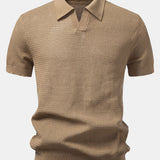 Textured Johnny Collar Crocheted Knit Polo & Linen Pants Set