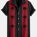 Palm Tree Print Linen Patchwork Bowling Shirt