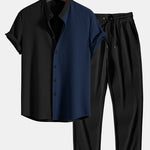 Two Tone Muscle Fit Ribbed Stand Collar Shirt & Ribbed Pants Set