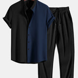 Two Tone Muscle Fit Ribbed Stand Collar Shirt & Ribbed Pants Set