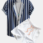 Striped Button Up Shirt & Man Mid Length Drawstring Swim Shorts Set