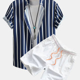 Striped Button Up Shirt & Man Mid Length Drawstring Swim Shorts Set