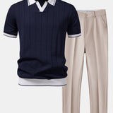 Contrast Trim Ribbed Johnny Collar Knit Polo & Tapered Trousers Set