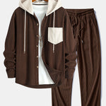 Long Sleeved Contrast Corduroy Hooded Shirt & Corduroy Pants Set