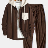 Long Sleeved Contrast Corduroy Hooded Shirt & Corduroy Pants Set