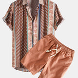 Elephant Geometric Print Shirt & Linen Cotton Blend Drawstring Shorts Set