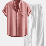 Short Sleeve Stand Collar Shirt & Straight Leg Linen Pants Set