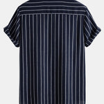 Cotton Blend Striped Stand Collar Shirt & Straight Leg Linen Pants Set