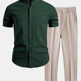 Short Sleeve Linen Stand Collar Shirt & Slim Fit Tapered Trousers Set