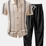 Stripe Crochet Shirt & Straight Leg Linen Pants Set